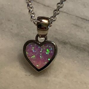 Sterling Silver Heart Pendant Necklace with Pink Opal 16”